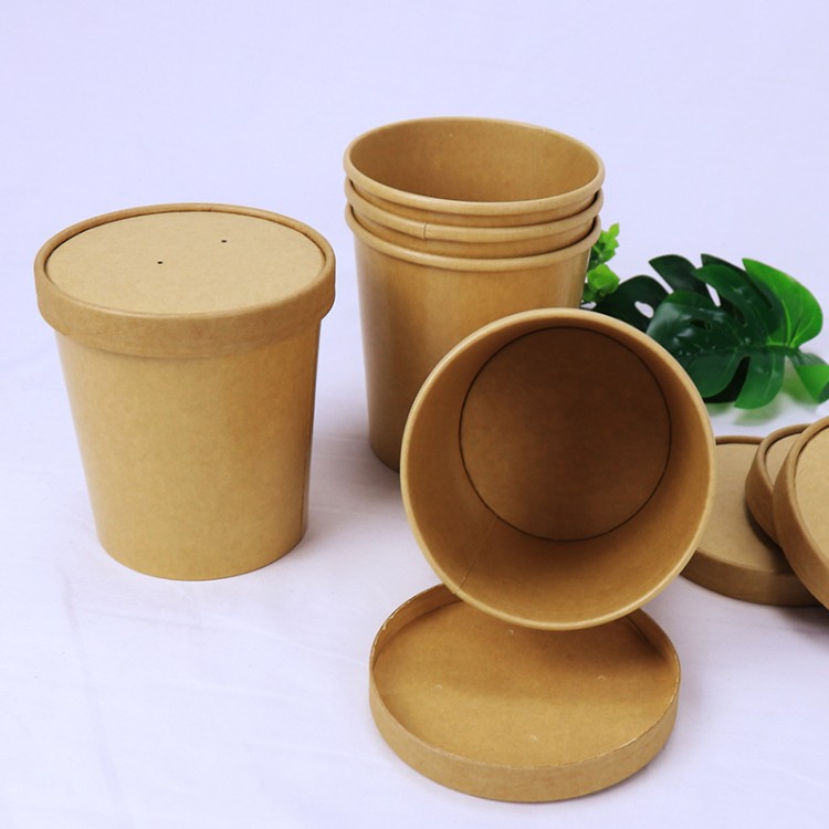 Bol en papier kraft jetable, bol à dessert, à emporter rond avec couvercle, bol en papier kraft enduit bol à soupe