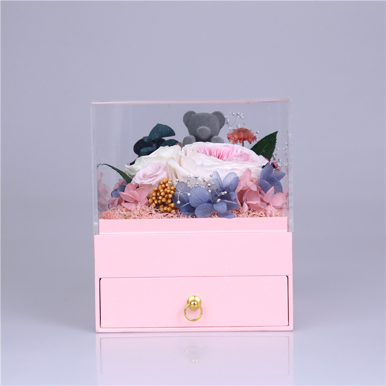 Boîte à fleurs rose acrylique, boîte-cadeau fleurs